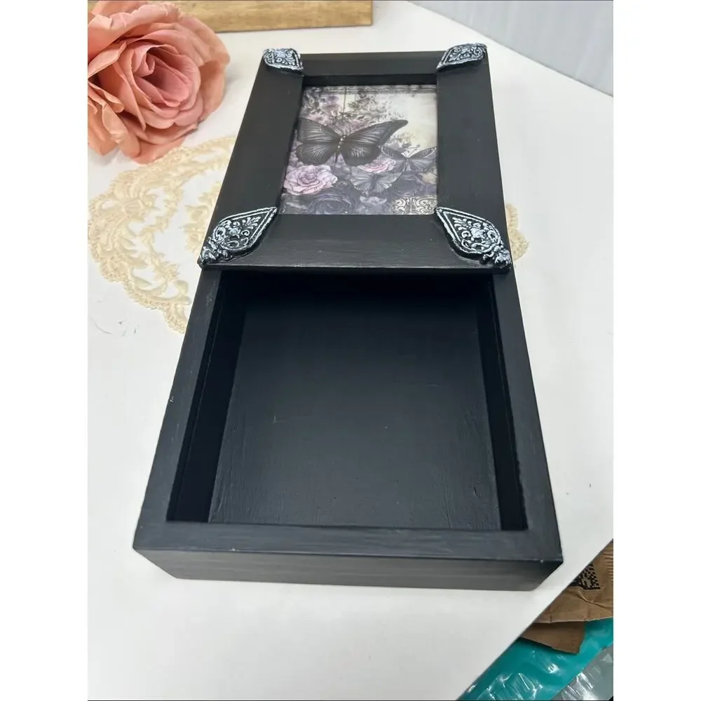 Elegant Black Decorative Butterfly Sliding Trinket Box with Silver Accents